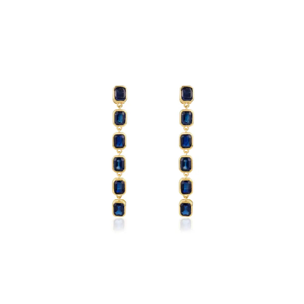 Blue Sapphire Bezel Setting Long Dangle Earrings 14K Solid Yellow Gold Women Gemstone Jewelry