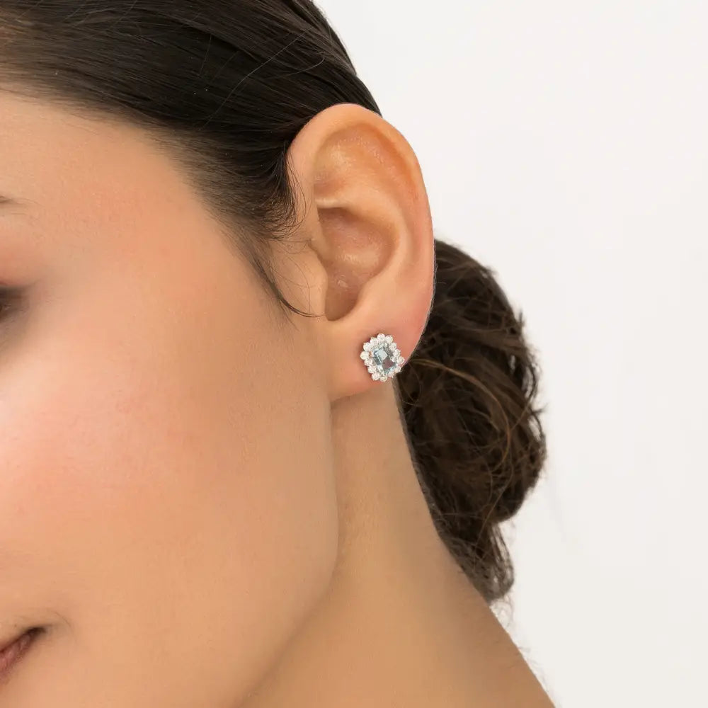 14K Real White Gold Aquamarine & Diamond Cluster Stud Earrings Bulk Handmade Jewelry