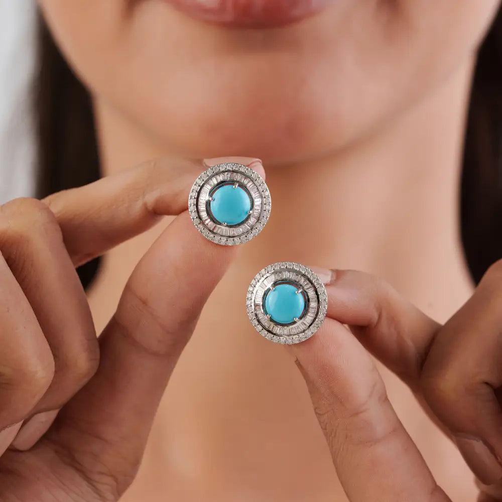 Trending Products 14K White Gold Turquoise & Diamond Round Shape Double Halo Stud Earrings