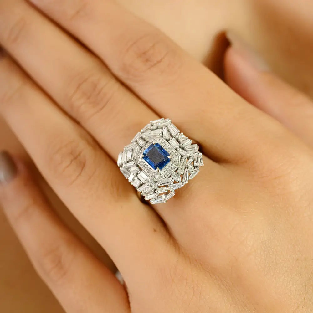 14K White Gold Blue Sapphire & Diamond Statement Ring Luxury Bold Jewelry Manufacturer