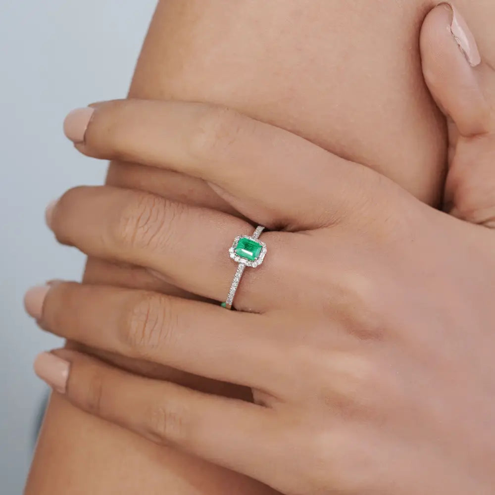 5x4mm Octagon Cut Emerald & Diamond Fine Engagement Stacking Ring 14K White Gold Jewelry