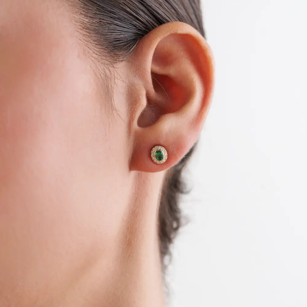 Bezel Set Emerald & Diamond Minimal Halo Stud Earrings For Girls Real 14K Yellow Gold