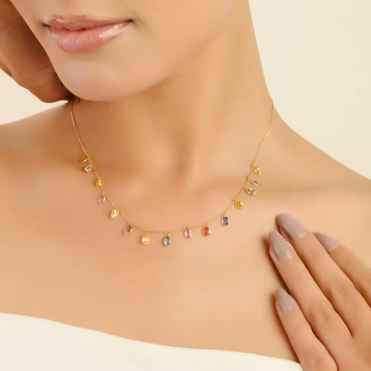 Mix Shape Colorful Multi Sapphire 18K Solid Yellow Gold Charm Chain Necklace For Women