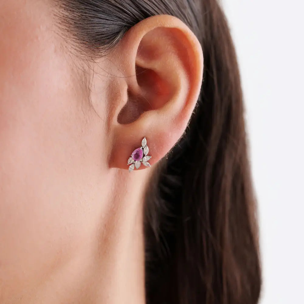 Unique Design Pink Sapphire & Diamond Stud Earrings Birthstone Jewelry 14K White Gold