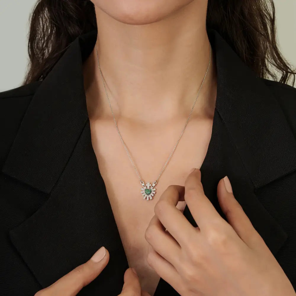 Emerald & Diamond Sacred Heart Sunburst Pendant Necklace For Women 14K Solid White Gold