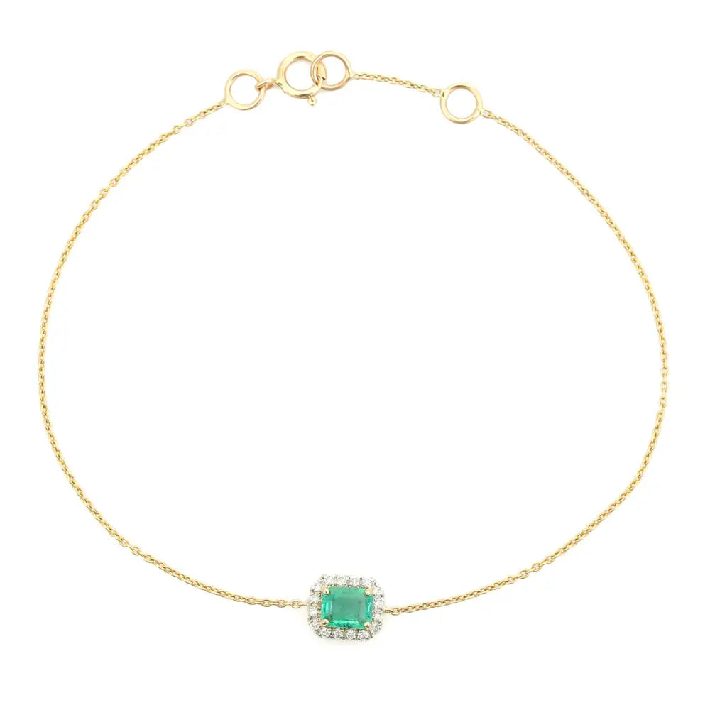 Octagon Emerald & Round Solitaire Halo Bracelet Everyday Stacking Jewelry 14K Gold Jewelry