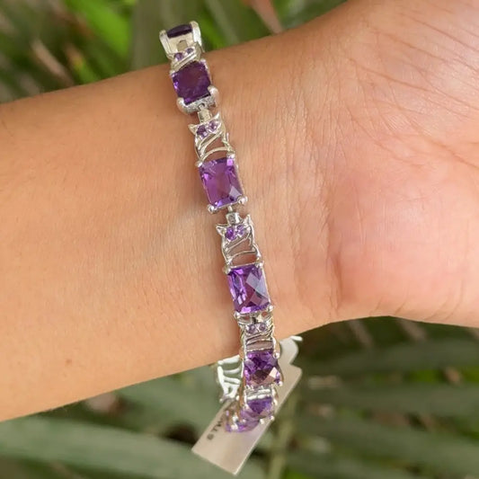 Modern Latest Design Genuine Amethyst Tennis Bracelet Set In 925 Sterling Silver Prong Setting