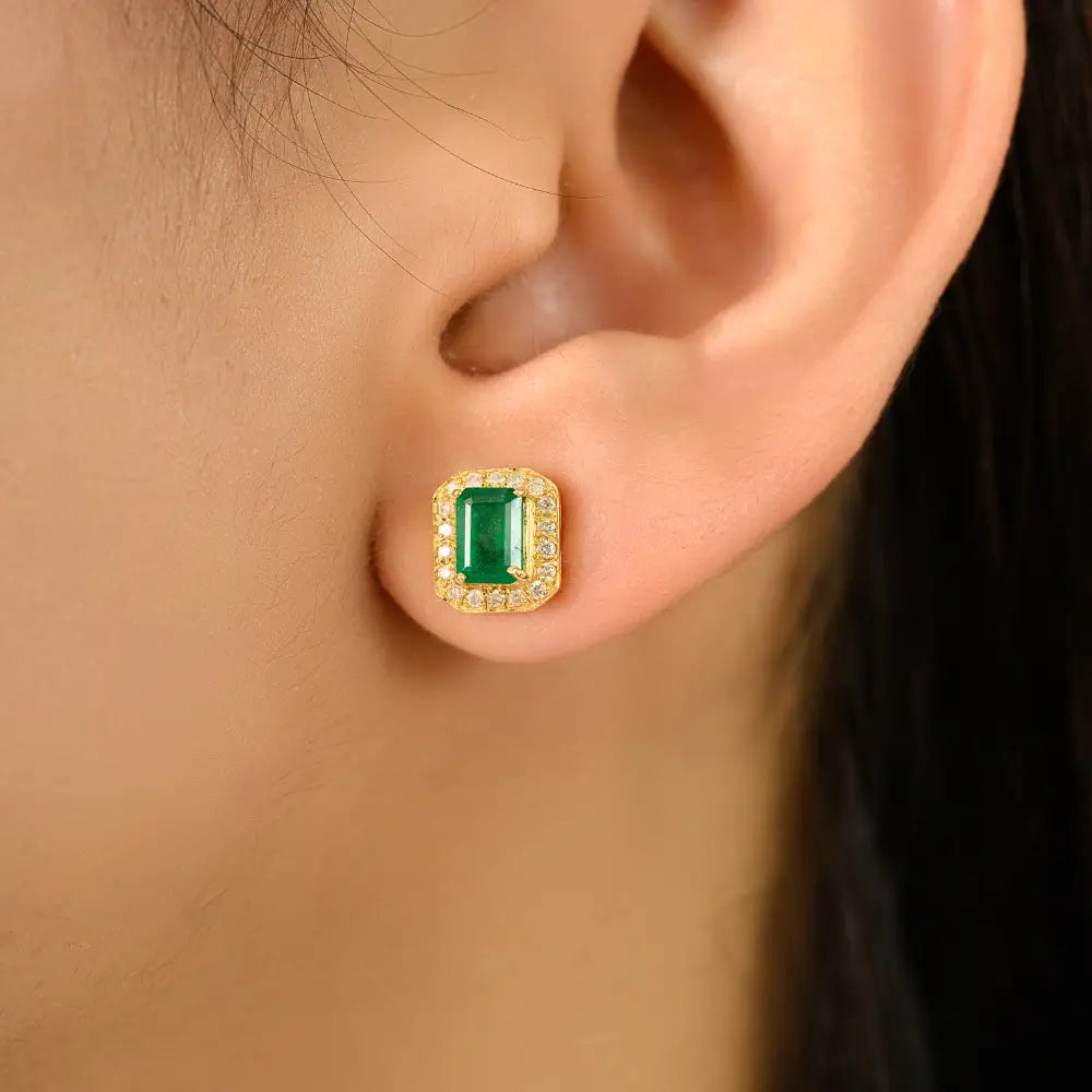 K14 Yellow Gold Octagon Shape Emerald & Diamond Push Back Halo Stud Earrings Women