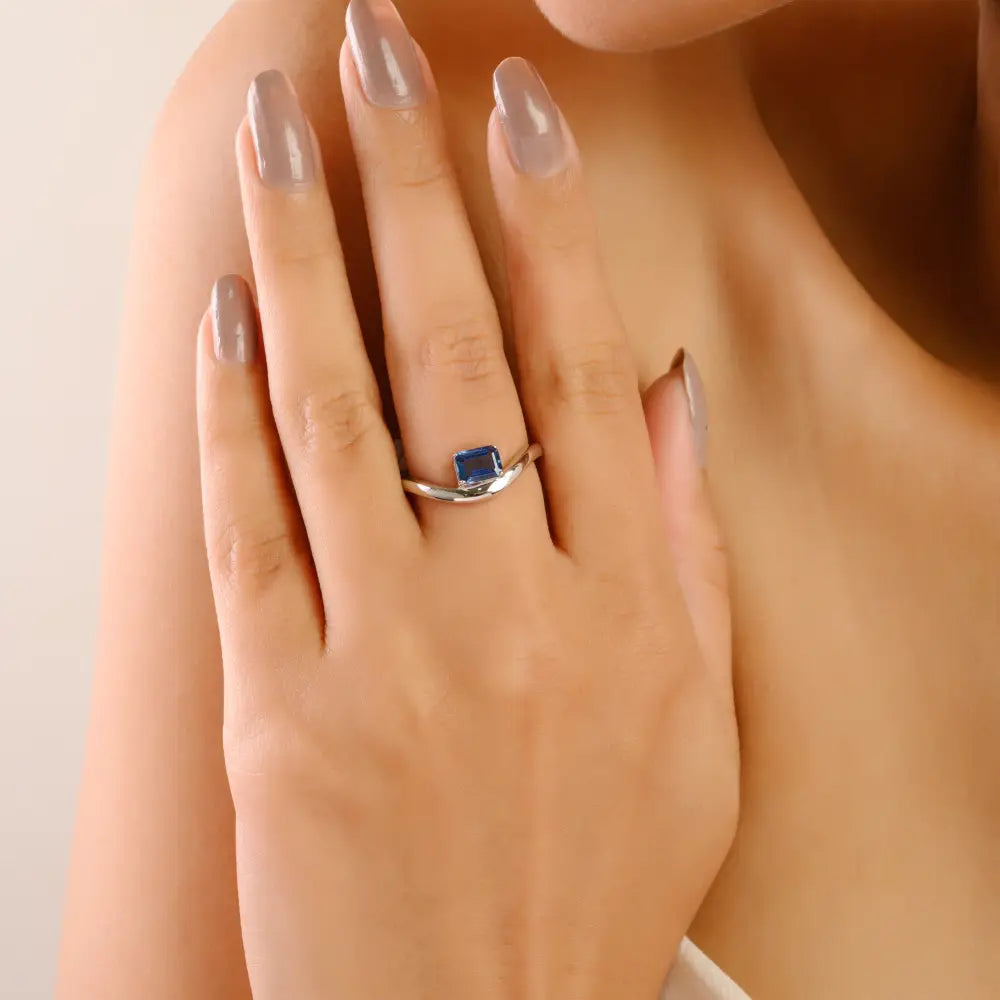 Elegant K14 White Gold Octagon Cut Blue Sapphire Unique Design Wavy Ring Wholesale Jewelry