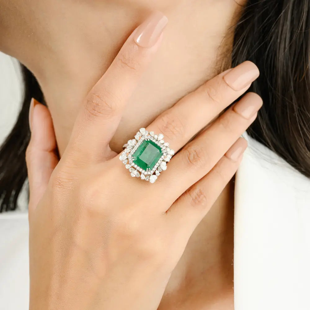 Natural Emerald & Diamond 18K White Gold Statement Cocktail Ring Wedding Jewelry
