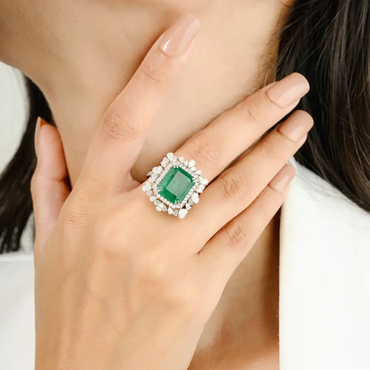 Natural Emerald & Diamond 18K White Gold Statement Cocktail Ring Wedding Jewelry