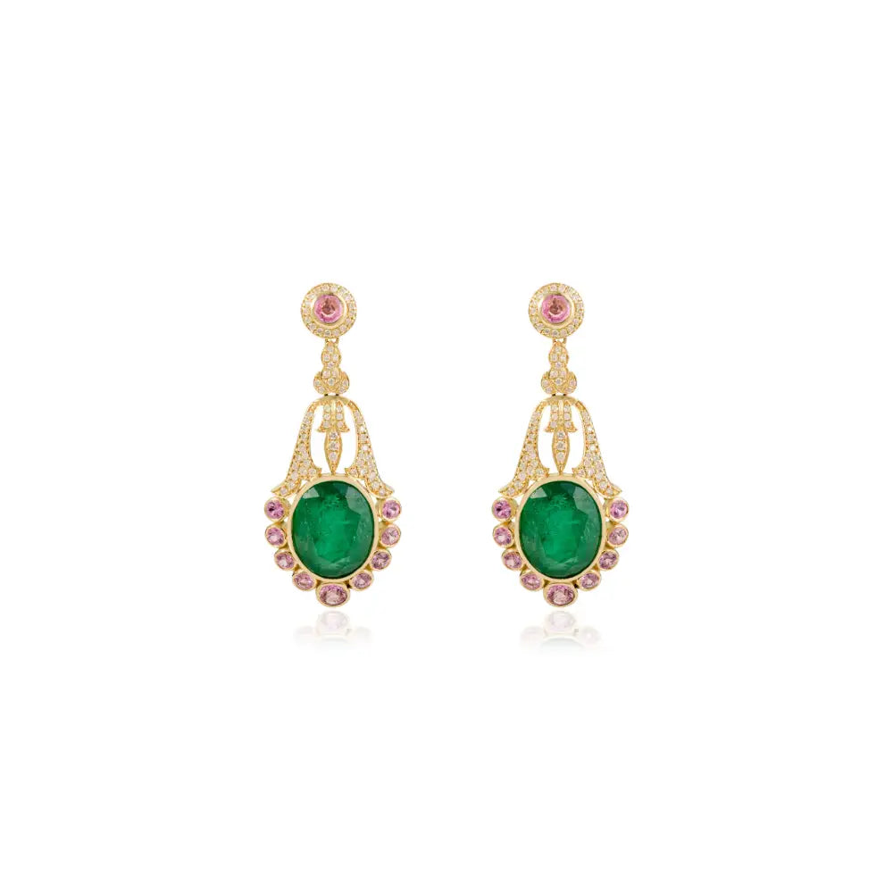 Luxurious Emerald Pink Sapphire & Diamond 14K Yellow Gold Wedding Chandelier Earrings