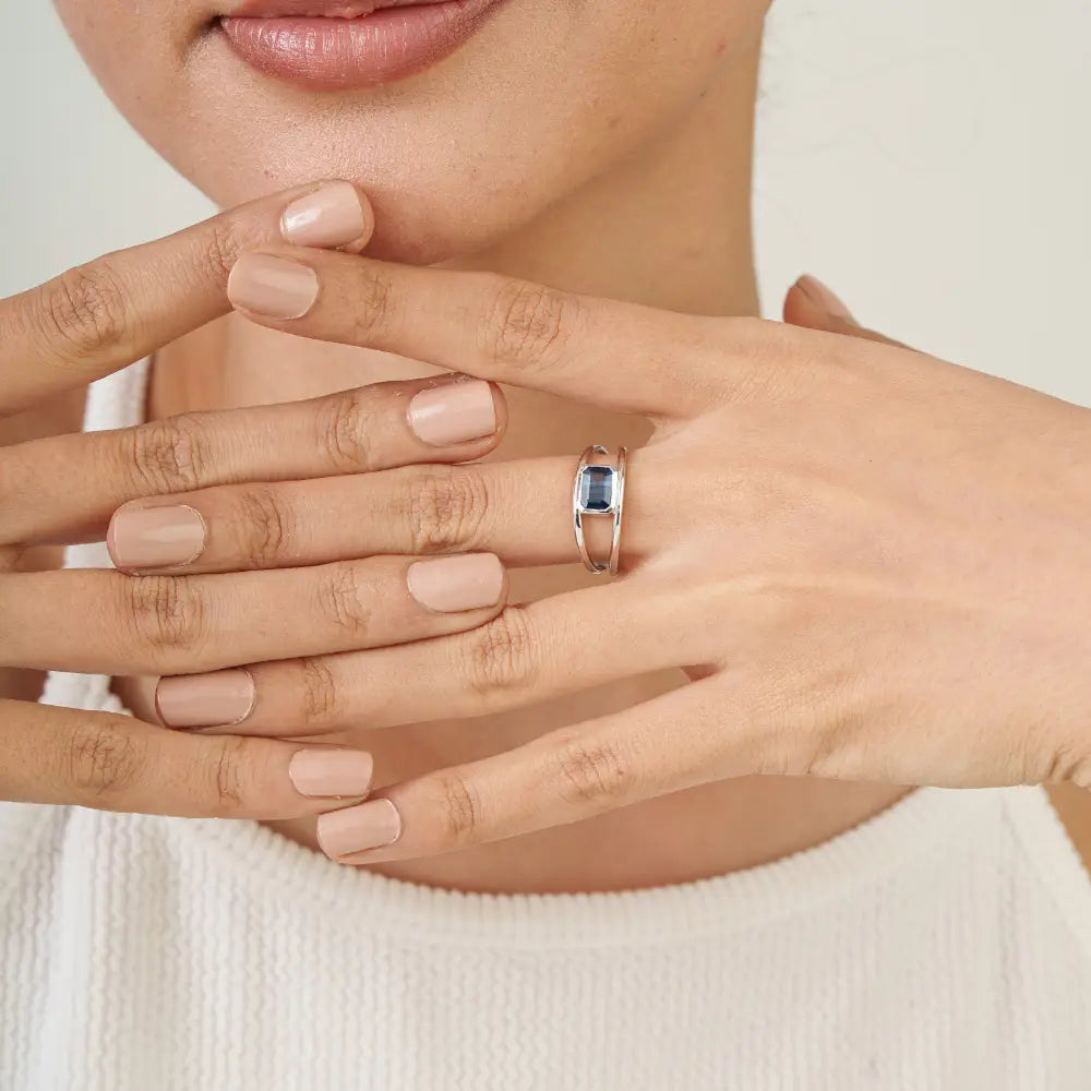 Birthstone Bulk Jewelry Blue Sapphire 14K Pure White Gold Double Band Ring For Unisex