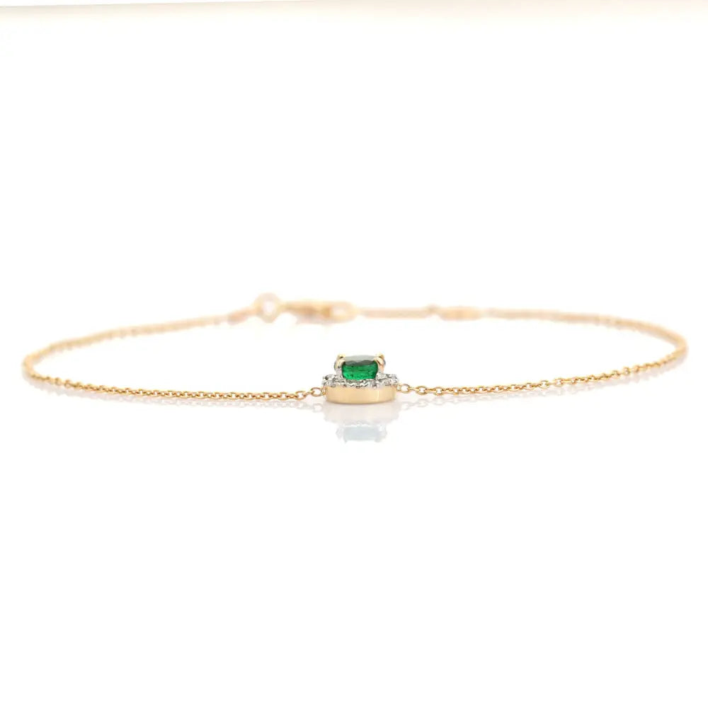 Round Cut Emerald & Diamond Minimalist Solitaire Halo Bracelet Spring Lock 14K Solid Gold