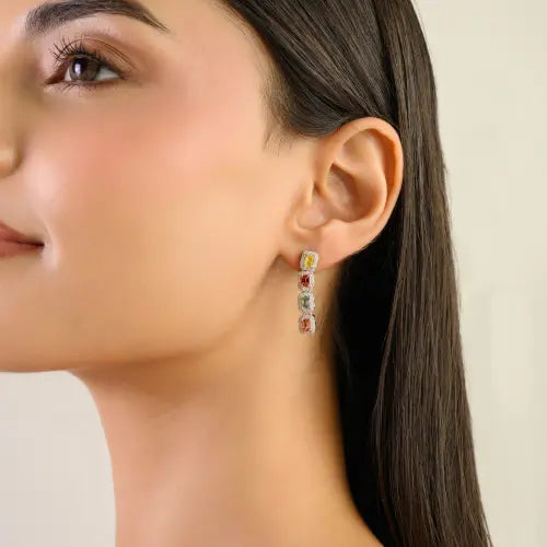 Baguette Cut Multi Sapphire Gemstone Long Dangle Statement Earrings For Women Fine Jewelry