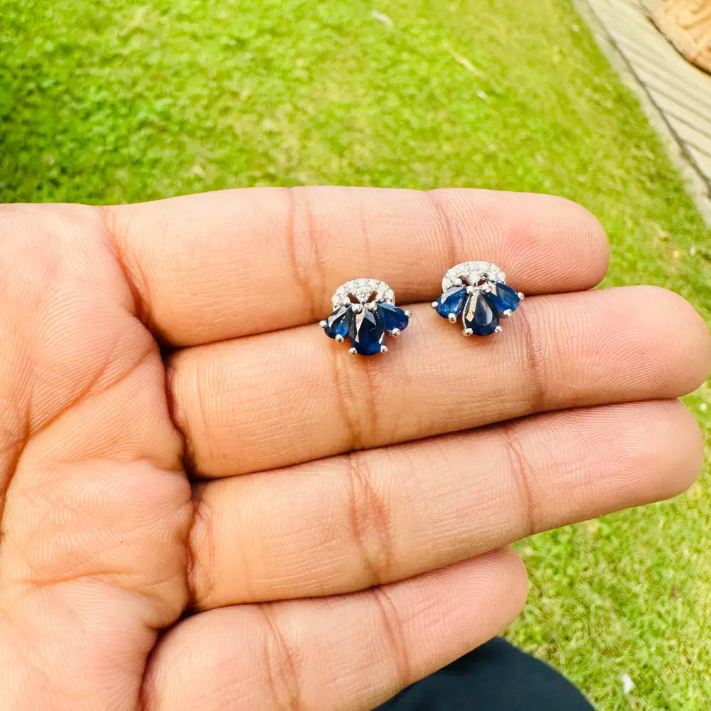 100% Natural Gemstone Blue Sapphire & American Diamond Minimal Push Back Stud Earrings In Silver Jewelry