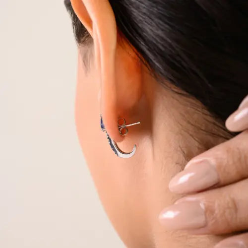 Pear Cut Natural Blue Sapphire & Diamond Half Hoops 925 Silver Studs Earrings