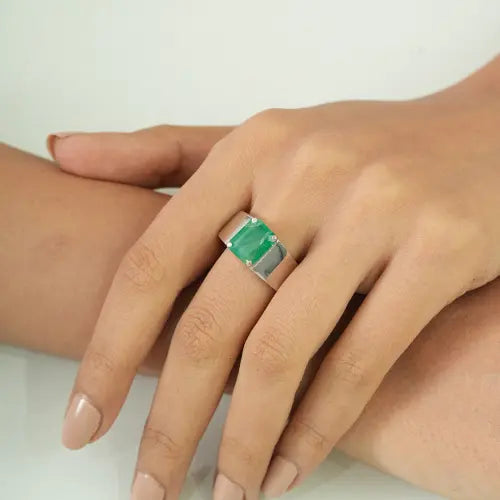 Classy Design 925 Sterling Silver Octagon Cut Natural Emerald Unisex Ring Jewelry