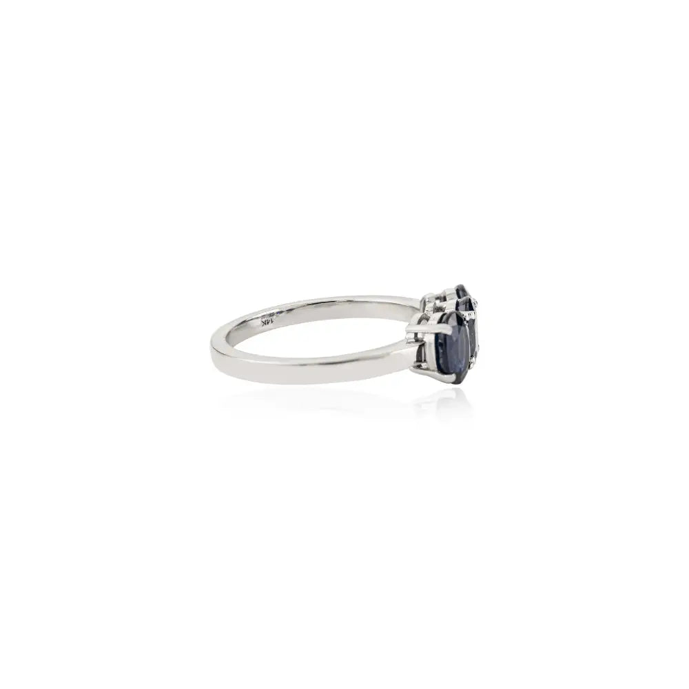 Elegant Design Oval Shape Blue Sapphire Three Stone Ring For Unisex 14K Real White Gold