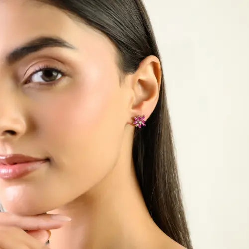 Genuine Ruby & Diamond Floral Motif 925 Sterling Silver Studs Earring Fine Jewelry Accessories For Women