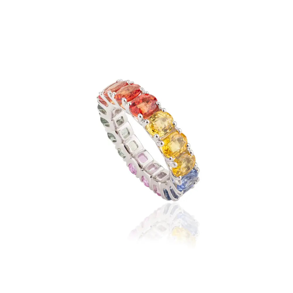 Handcrafted Jewelry Oval Shape Multi Gemstone Gold Eternity Band Ring