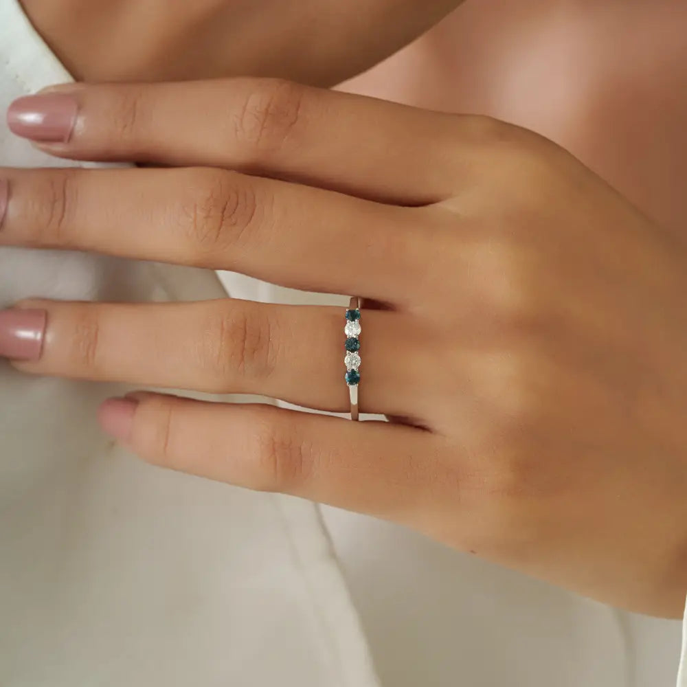 2.5 mm Round Cut Blue Sapphire & Diamond Dainty Minimalist Ring 14K White Gold Jewelry