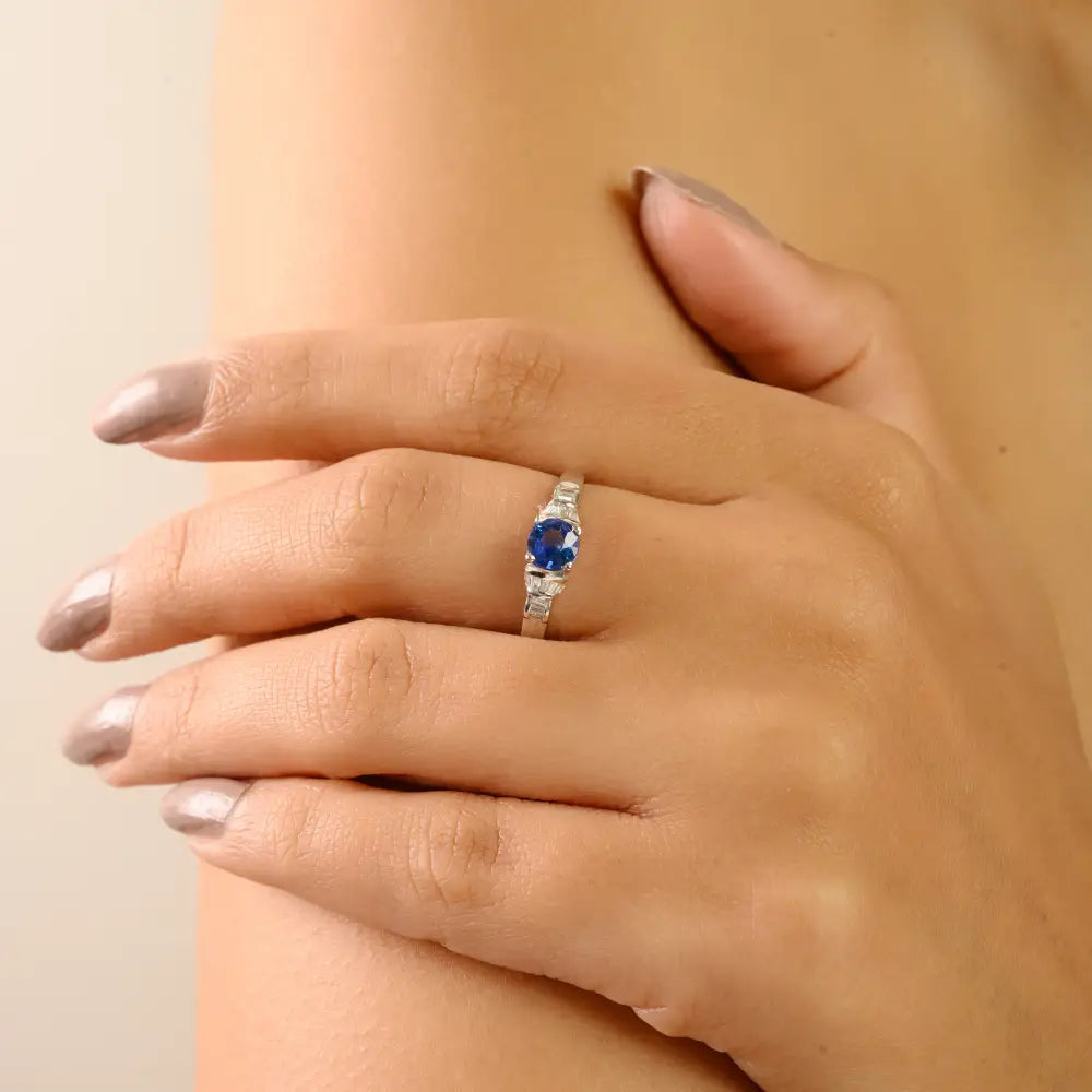 Prong Set Blue Sapphire Round Cut Gemstone Stackable Band Ring 14K Real White Gold