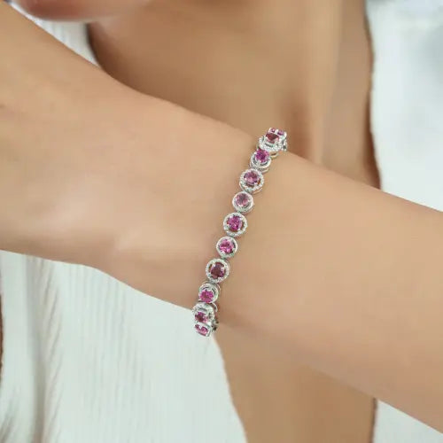 Natural Pink Tourmaline & Diamond 925 Sterling Silver Tennis Bracelet Fine Jewelry For Her