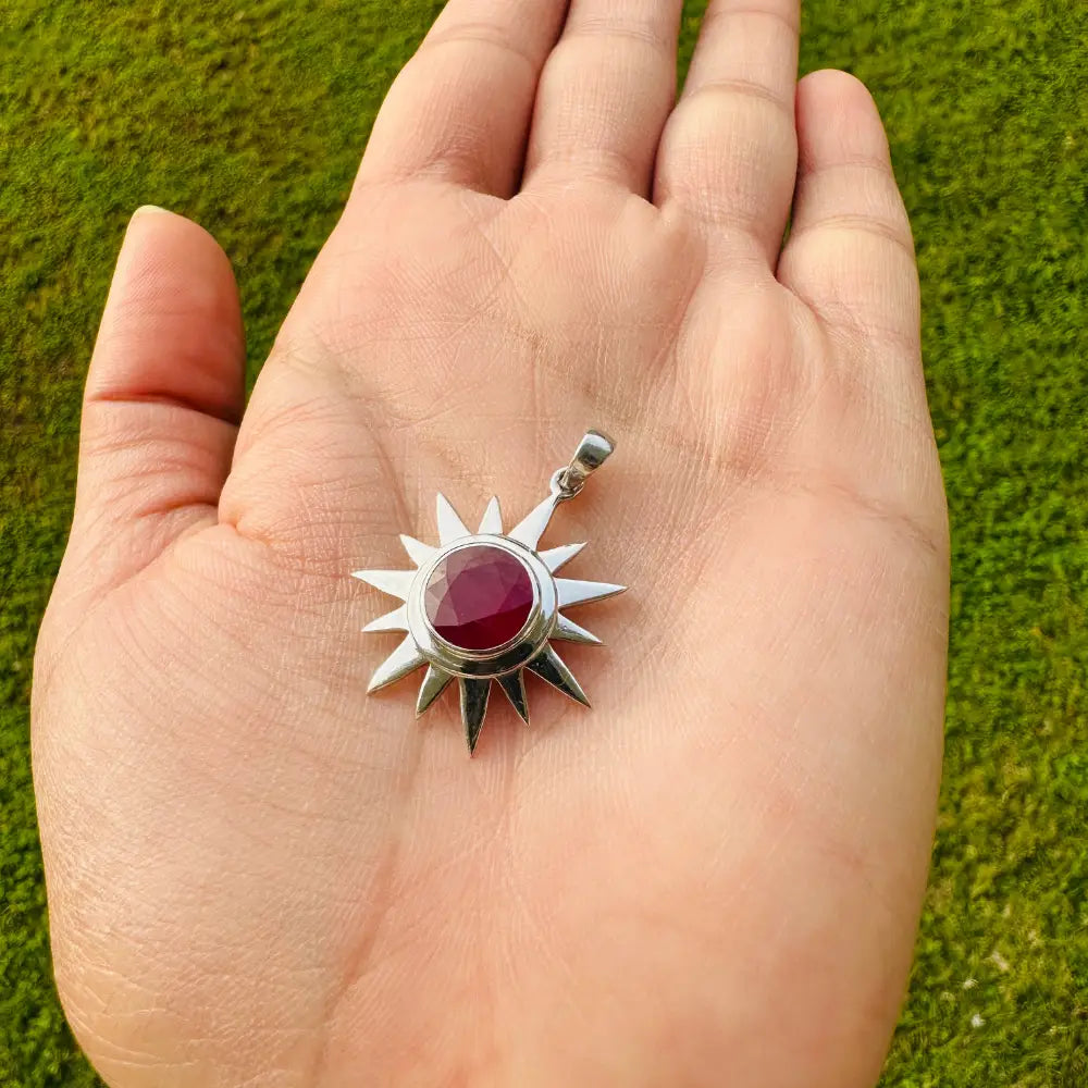 925 Solid Silver July Birthstone Genuine Round Cut Ruby Sun Shape Pendant Necklace Custom Made Jewelry