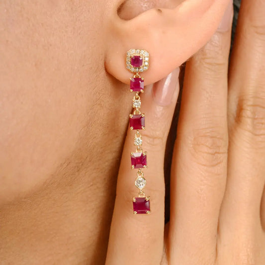 Square Cut Ruby & Diamond Fine Long Dangle Earrings Engagement Gift 14K Real Yellow Gold