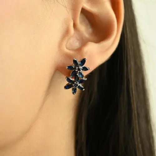 Beautiful S925 Silver Marquise Cut Genuine Blue Sapphire Double Floral Studs Earrings