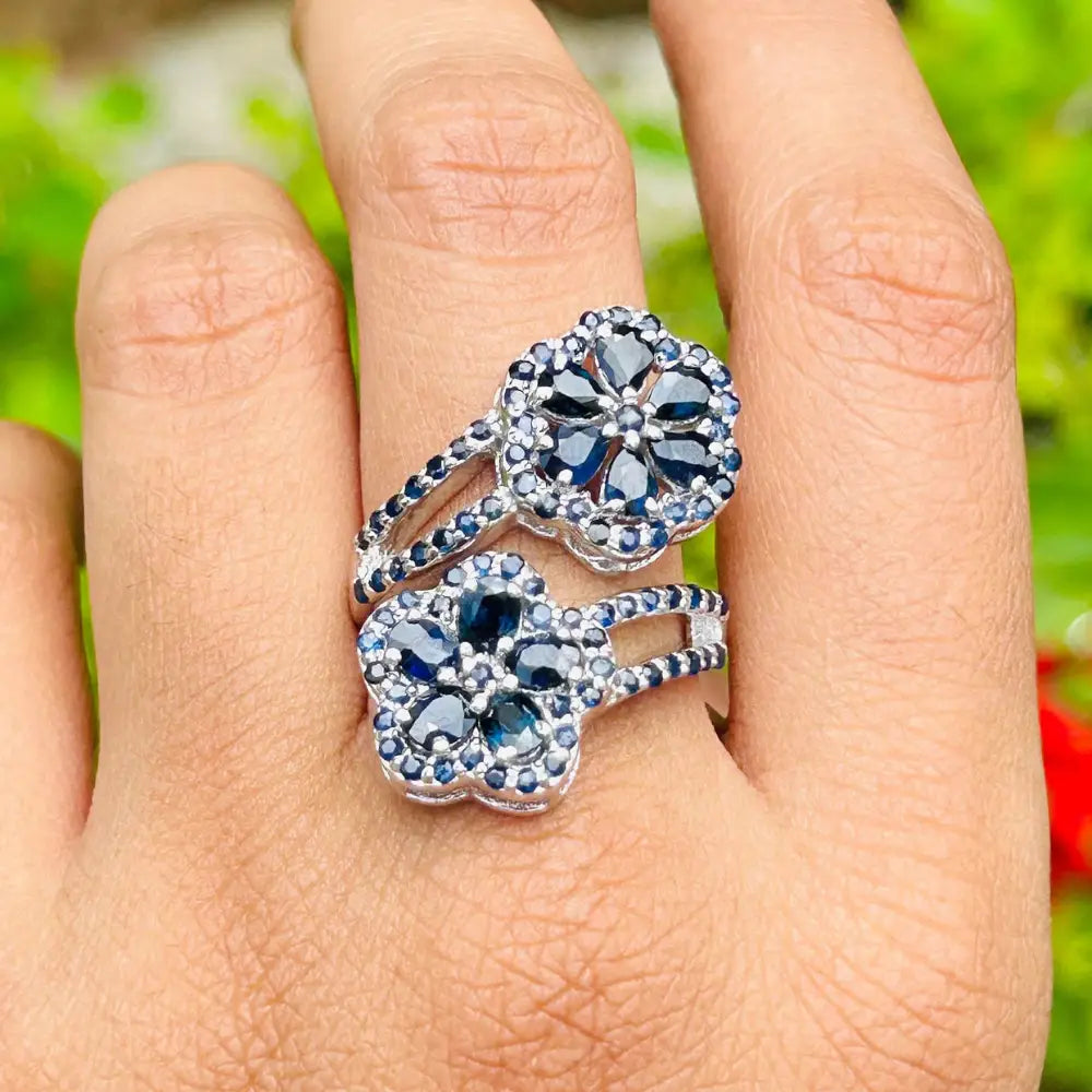 Handcrafted Real Blue Sapphire Double Flower Bypass Ring For Wedding Accessories Fine Jewelry