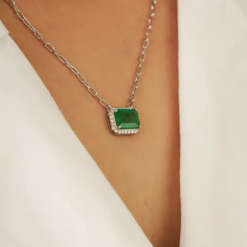 7x9 mm Octagon Shape Natural Emerald & Diamond Cluster 925 Silver Pendant Necklace