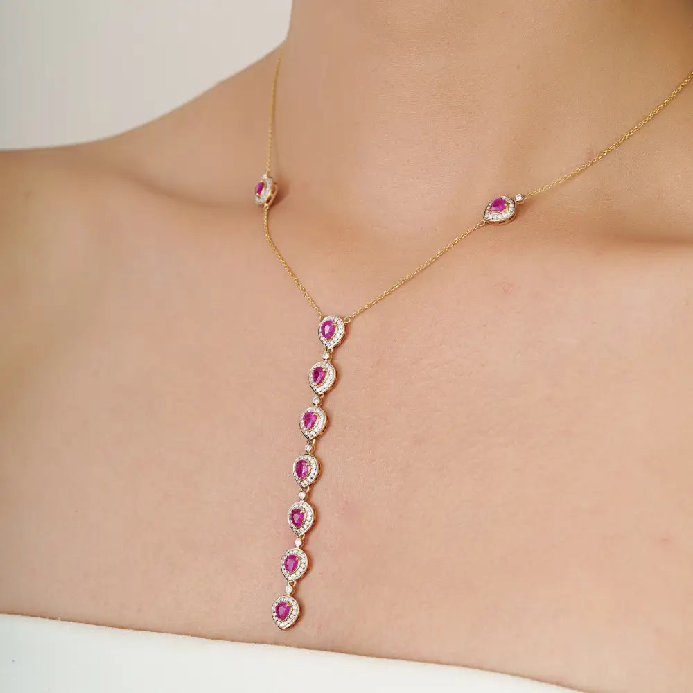 Natural Ruby & Diamond Halo Y Shape Lariat Necklace For Women Wedding 14K Yellow Gold