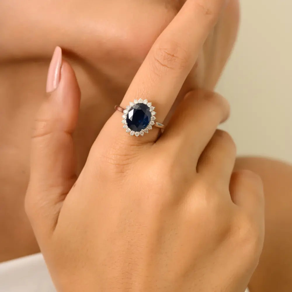 18K White Gold Prong Set Blue Sapphire & Diamond Princes Diana Ring Wedding Jewelry