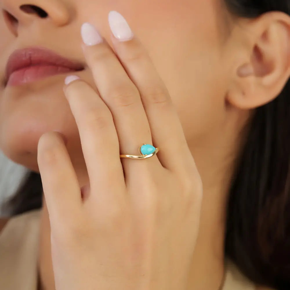 7x5 mm Pear Cut Turquoise Gemstone 18K Real Yellow Gold Wavy Curve Ring For Unisex
