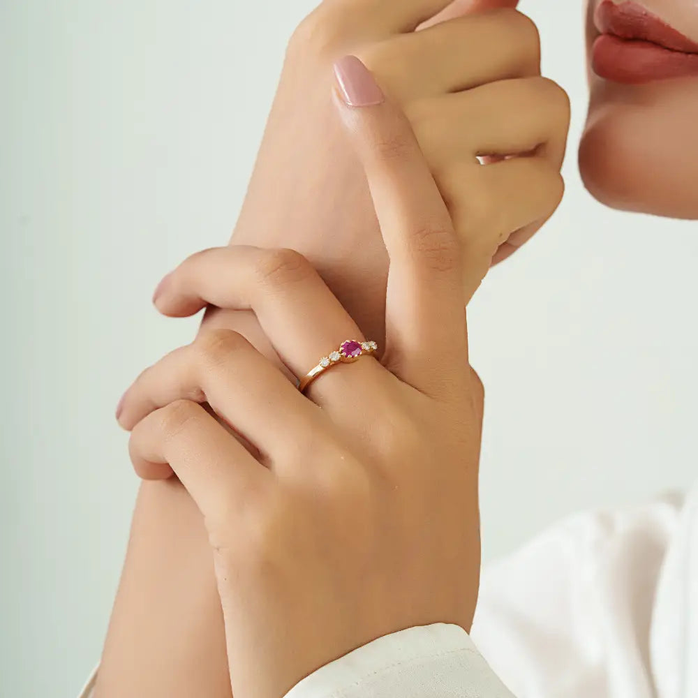 Pinion Bezel Set Ruby & Diamond Minimalist Dainty Ring Solid 14K Real Yellow Gold Fine Jewelry