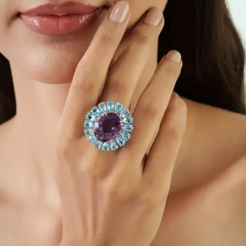 High Quality Natural Amethyst Blue Topaz & Orange Sapphire 925 Silver Bold Statement Ring