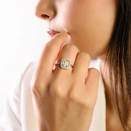 14K Solid White Gold Yellow Sapphire & Diamond Halo Statement Ring Birthstone Jewelry