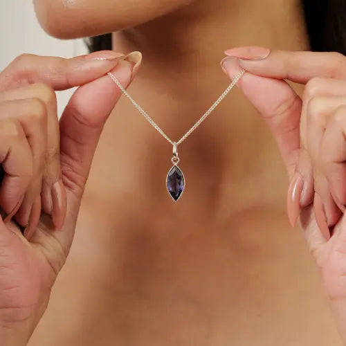Bezel Set Marquise Cut Natural Iolite 925 Sterling Silver Pendant Jewelry For Women's