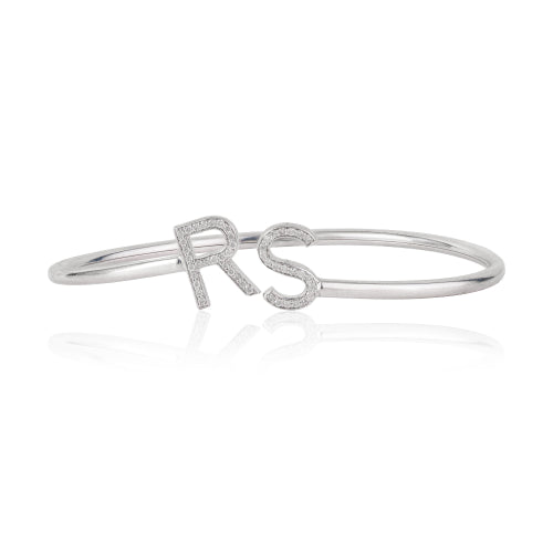 Customisable Initial Letter Pave Set Natural Diamond 925 Silver Open Cuff Bangle For Women
