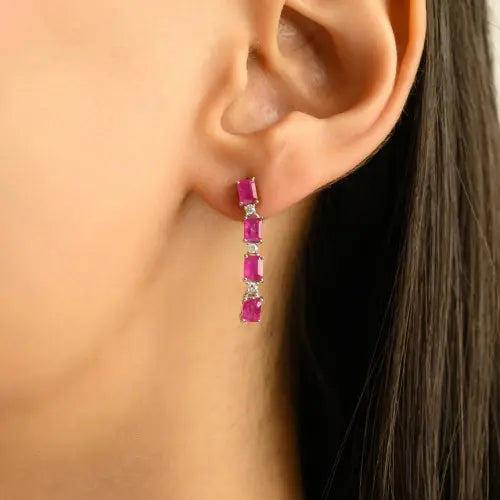 Baguette Cut Natural Ruby & Round Diamond Long Dangle 925 Sterling Silver Earring For Women