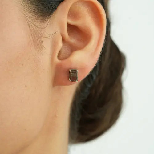 Trendy Minimal Design Octagon Cut Natural Smoky Topaz 925 Sterling Silver Stud Earrings