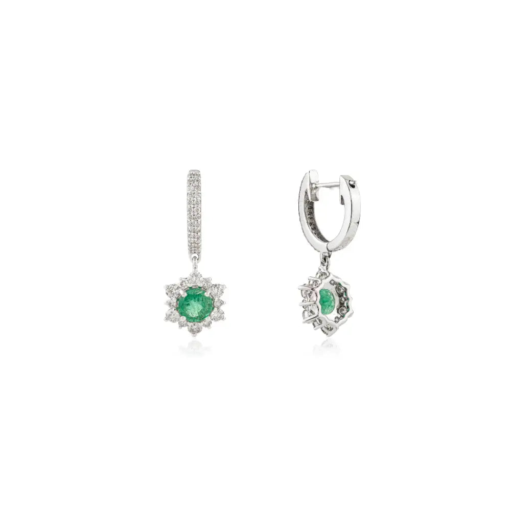 Emerald & Diamond Hoop Charm Drop Earrings For Women Wedding 14K Real White Gold Jewelry