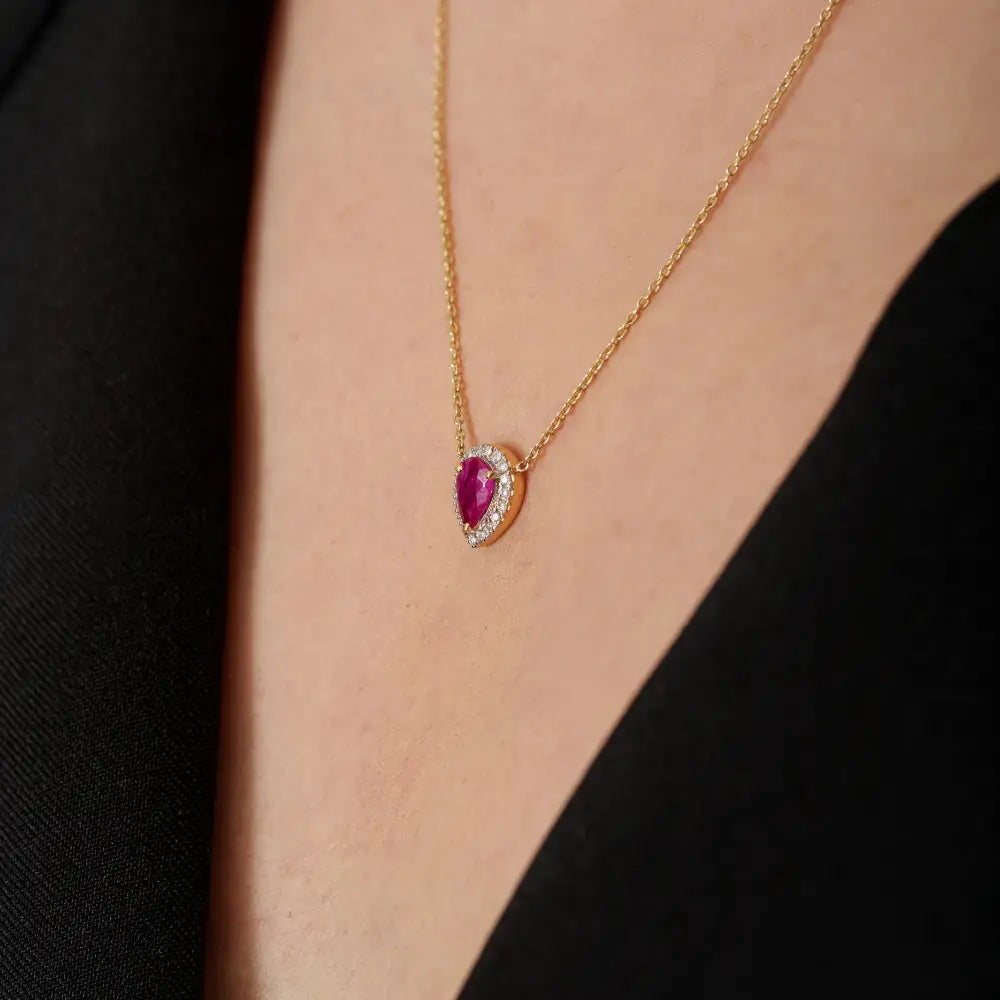 100% Genuine Ruby & Diamond 18K Pure Yellow Gold Single Stone Halo Pendant Necklace
