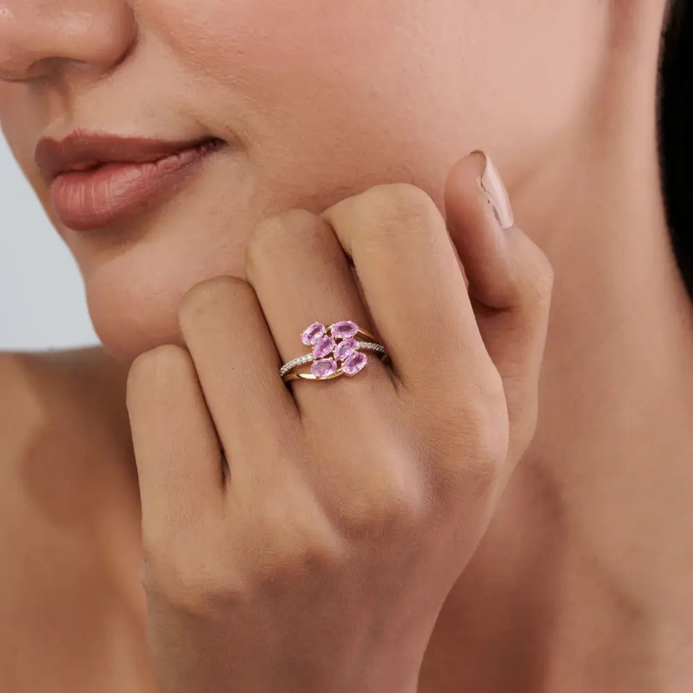 Fine Pink Sapphire & Diamond 14K Yellow Gold Wedding Ring Birthstone Jewelry Supplier