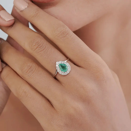 Zambian Pear Shape Emerald & Diamond Halo Ring Solid K14 White Gold Jewelry Manufacturer