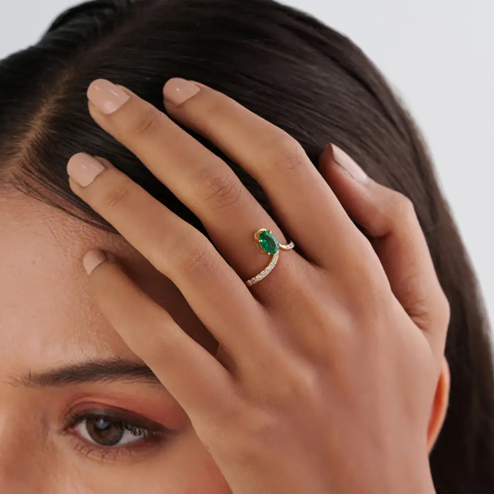 Unique Design Emerald & Diamond Handmade V Shape Chevron Ring Wedding 14K Gold Jewelry