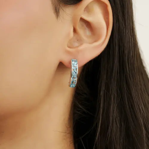 Solid 925 Sterling Silver Natural Round Blue Topaz December Birthstone C Shape Hoop Earrings