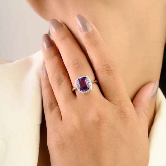 925 Sterling Silver Amethyst Halo Ring for Women Fine Jewelry